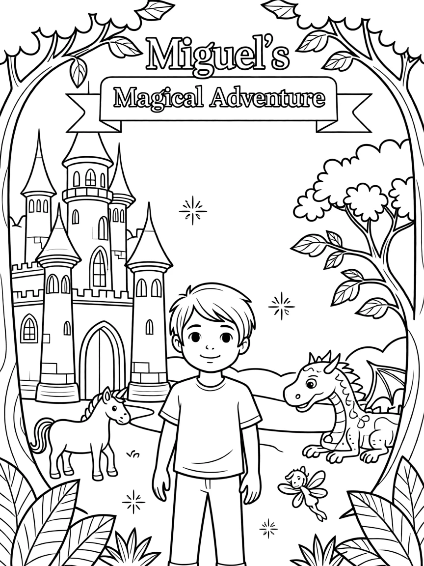 A fantasy background of Miguel in a magical forest or castle, with sparkles and mystical creatures.