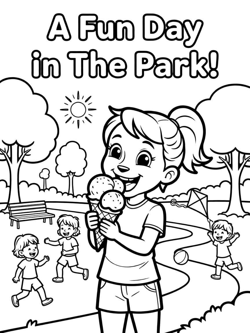 Nala enjoying a day off, eating ice cream or playing with friends in a park setting.