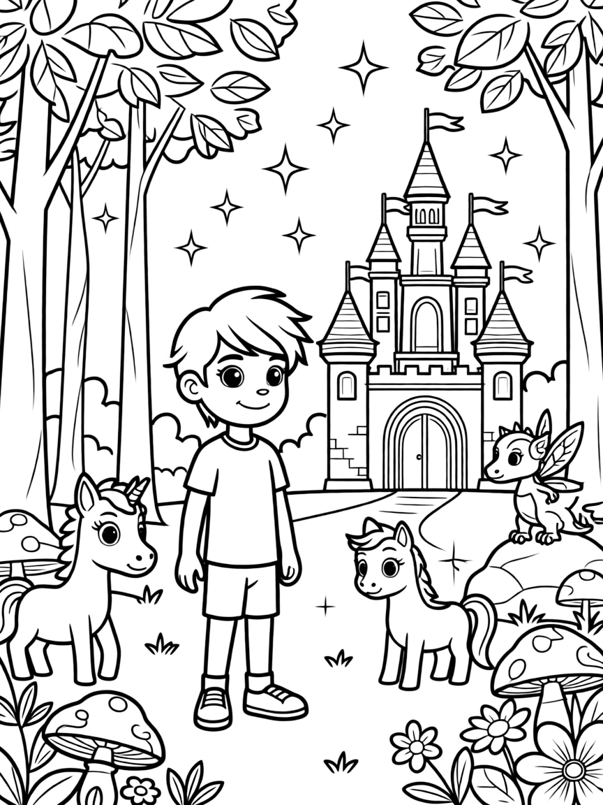 A fantasy background of Chase in a magical forest or castle, with sparkles and mystical creatures.