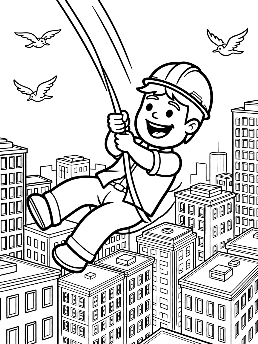 A fun and detailed coloring page of Rubble swinging through a city full of tall buildings and birds.