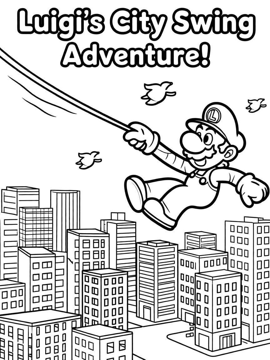 A fun and detailed coloring page of Luigi swinging through a city full of tall buildings and birds.