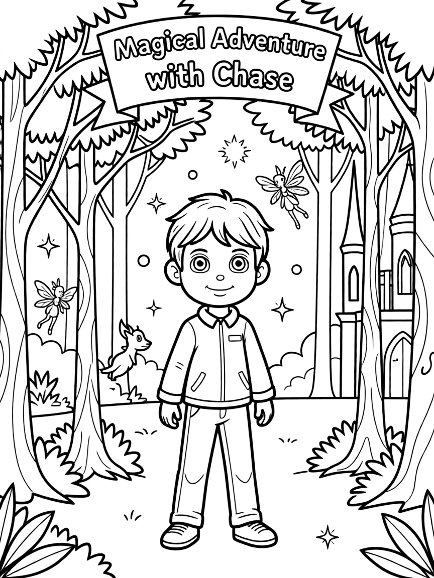 A fantasy background of Chase in a magical forest or castle, with sparkles and mystical creatures.