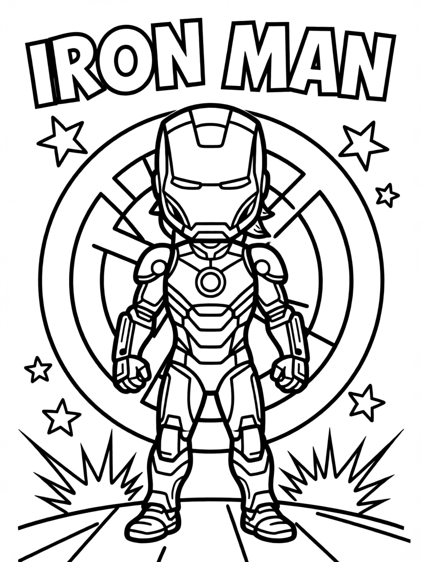 Iron Man standing proudly in front of their iconic logo with stars and comic-style effects around.