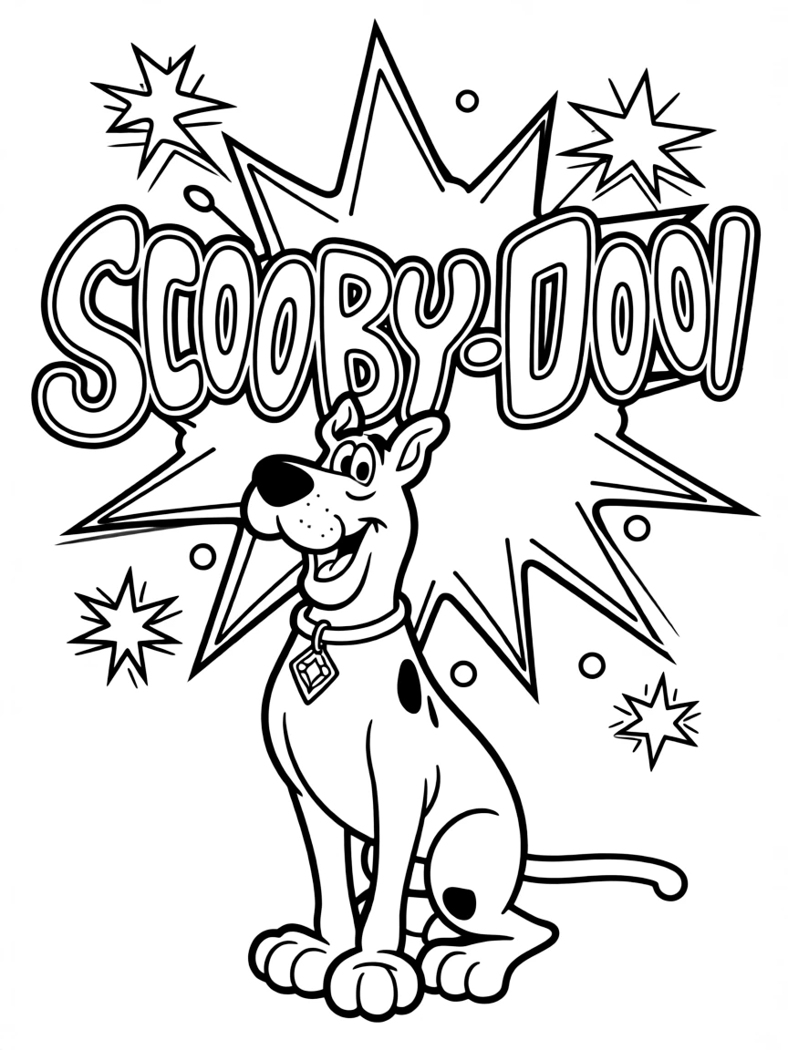 Scooby-Doo standing proudly in front of their iconic logo with stars and comic-style effects around.