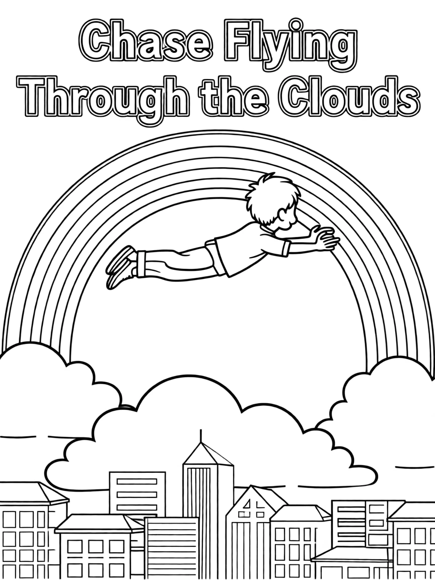 Chase flying through the clouds with a rainbow behind and city skyline below.