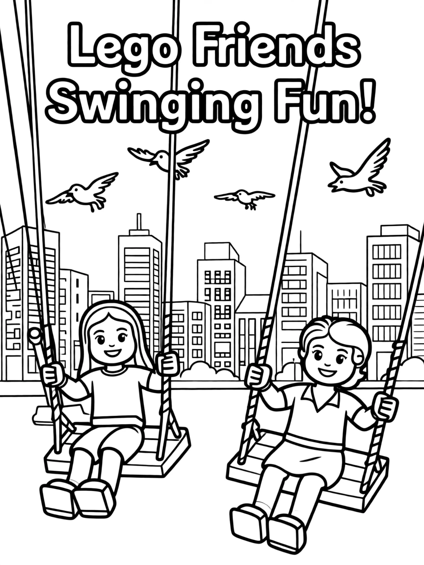A fun and detailed coloring page of Lego Friends swinging through a city full of tall buildings and birds.