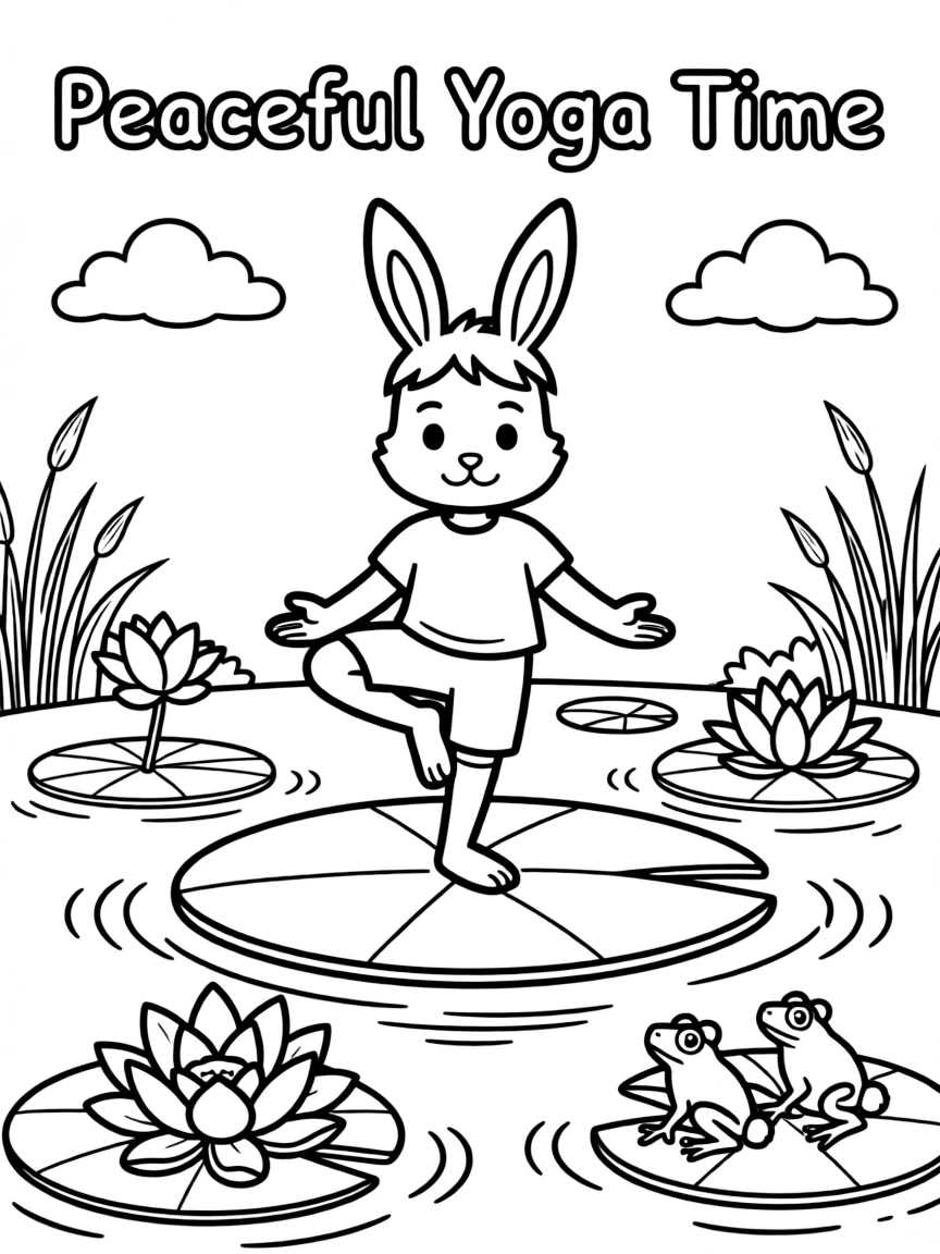 A bunny doing yoga poses on a lily pad in a spring pond