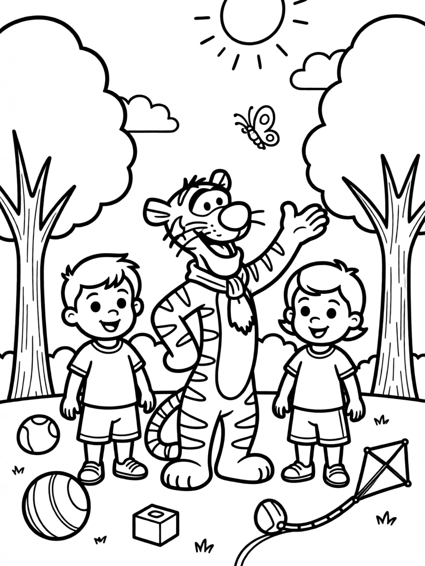 Tigger smiling and posing with their sidekicks, surrounded by trees, toys, or fun backgrounds.