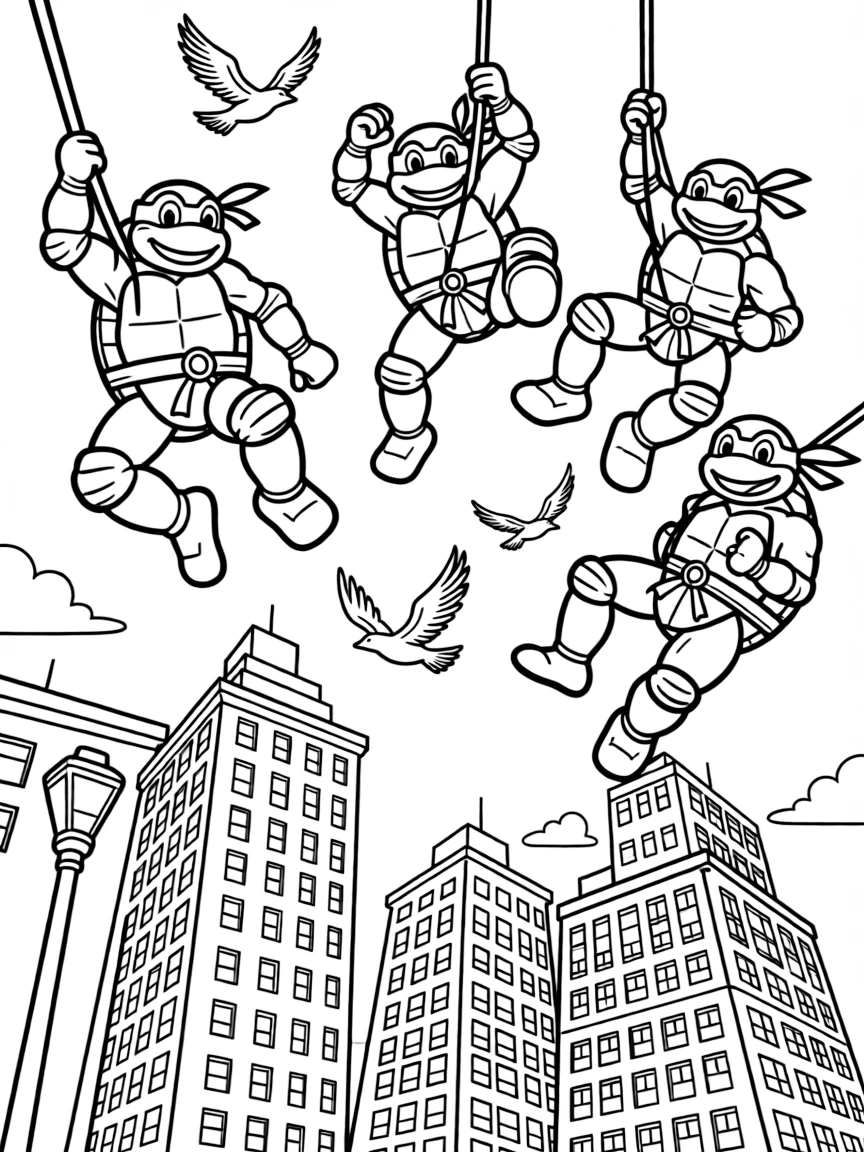 A fun and detailed coloring page of Teenage Mutant Ninja Turtles swinging through a city full of tall buildings and birds.