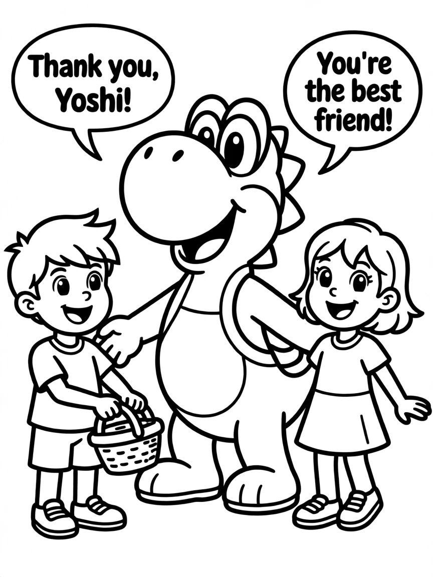A cartoon-style drawing of Yoshi helping friends, with speech bubbles and cheerful faces.