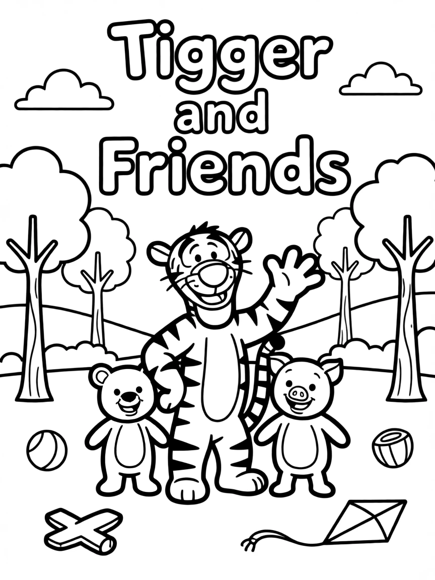 Tigger smiling and posing with their sidekicks, surrounded by trees, toys, or fun backgrounds.