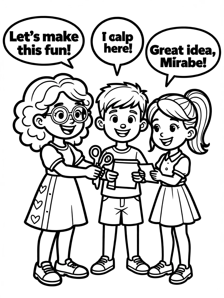 A cartoon-style drawing of Mirabel helping friends, with speech bubbles and cheerful faces.