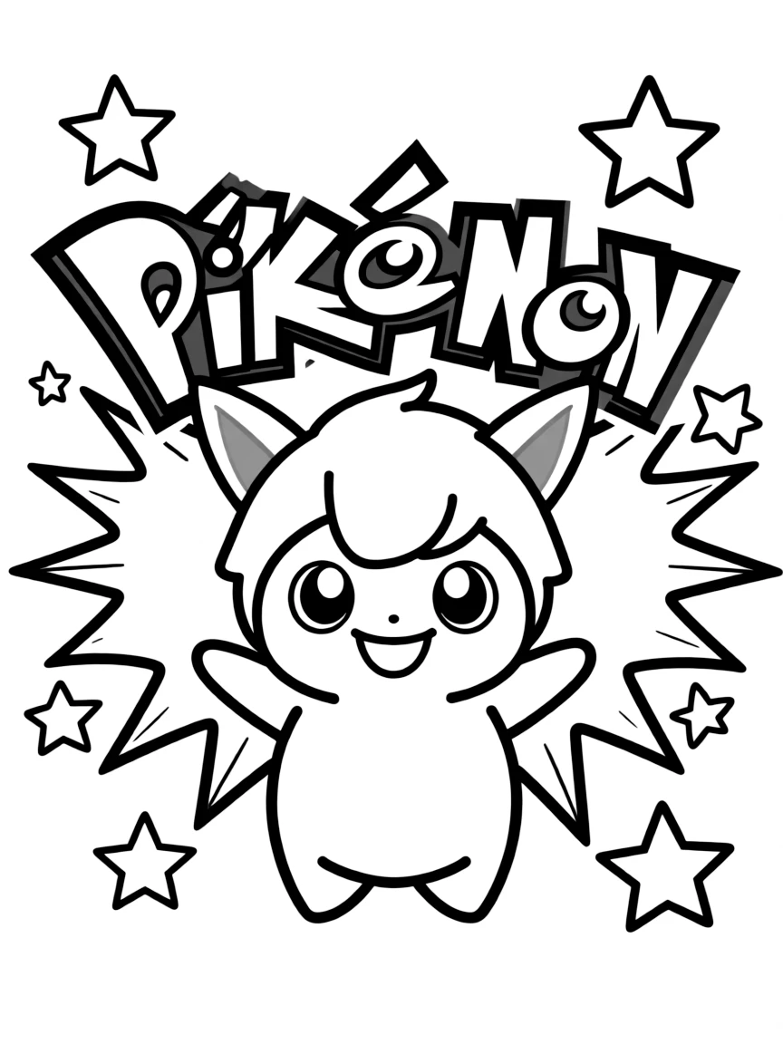 Jigglypuff standing proudly in front of their iconic logo with stars and comic-style effects around.