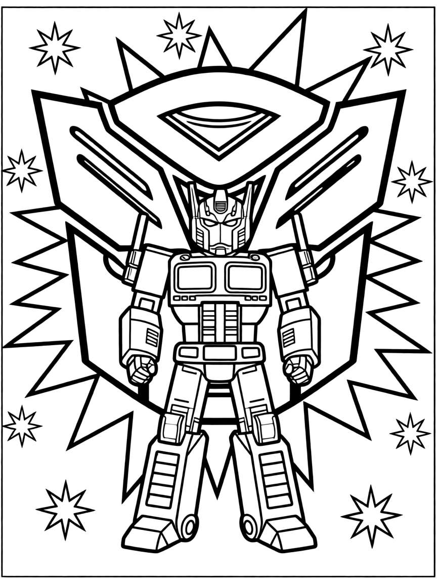 Optimus Prime standing proudly in front of their iconic logo with stars and comic-style effects around.