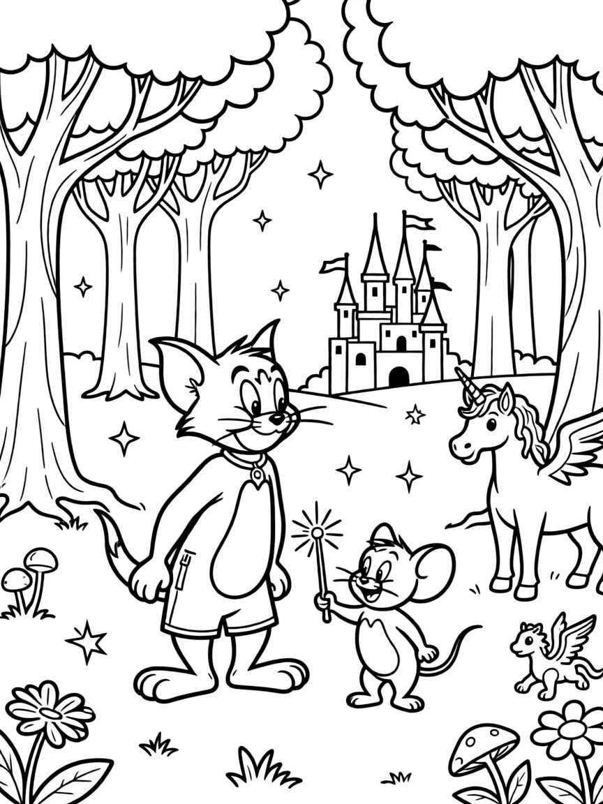 A fantasy background of Tom and Jerry in a magical forest or castle, with sparkles and mystical creatures.
