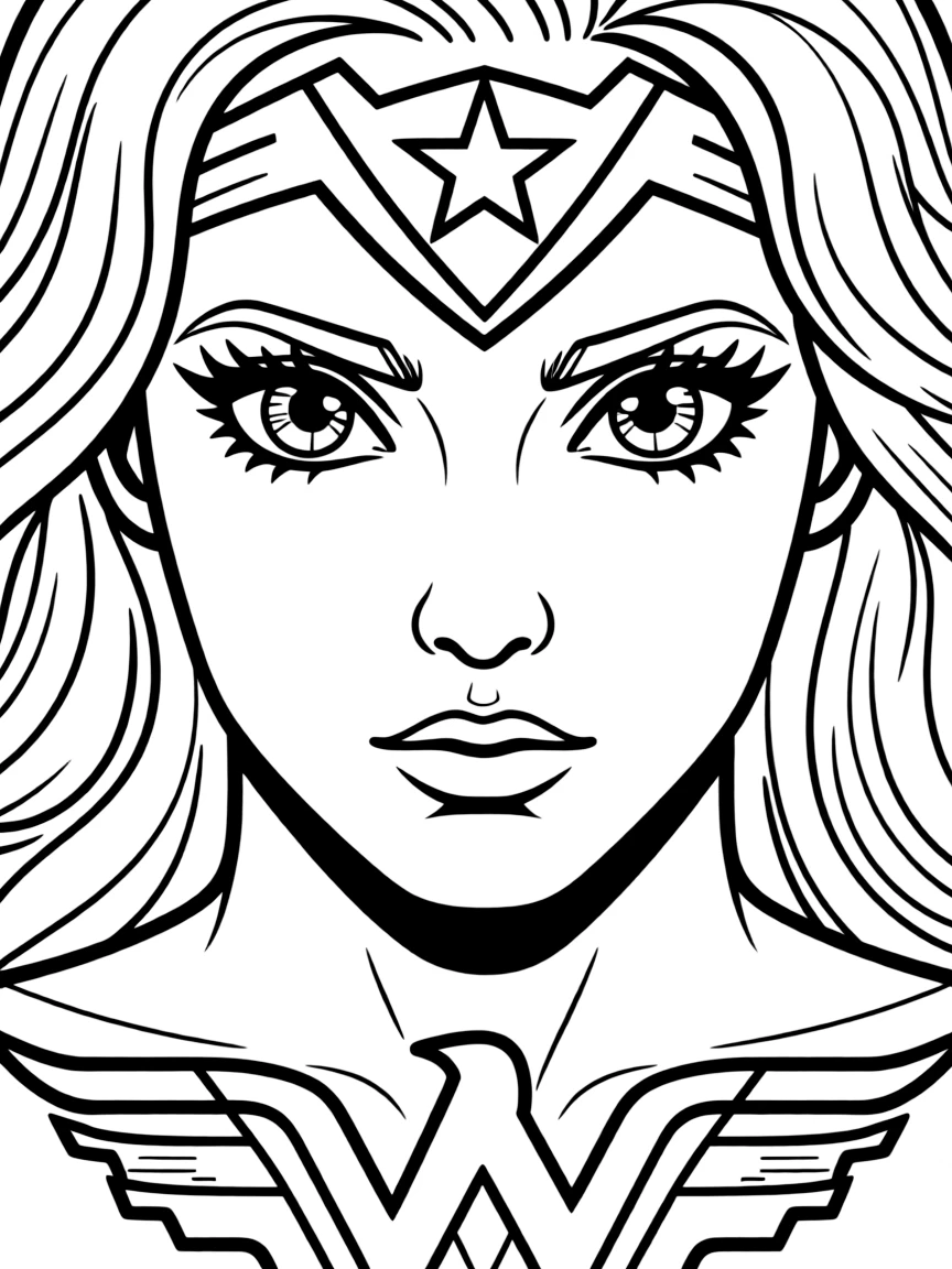 A close-up of Wonder Woman's face in bold lines with expressive eyes and detailed costume elements.