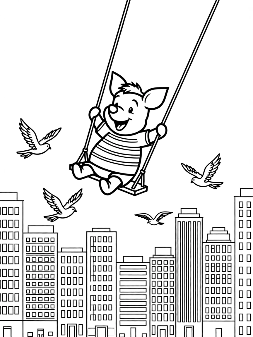 A fun and detailed coloring page of Piglet swinging through a city full of tall buildings and birds.