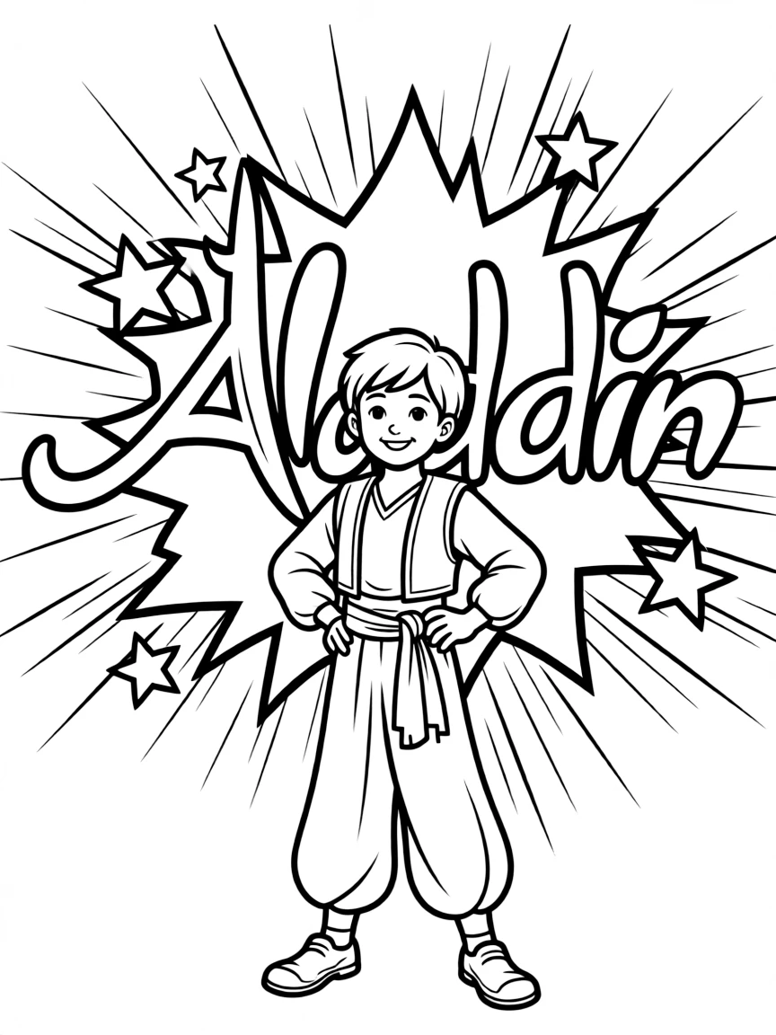 Aladdin standing proudly in front of their iconic logo with stars and comic-style effects around.