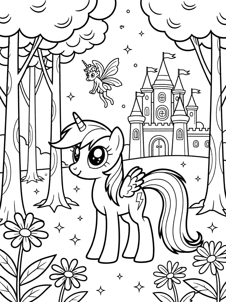 A fantasy background of Rainbow Dash in a magical forest or castle, with sparkles and mystical creatures.