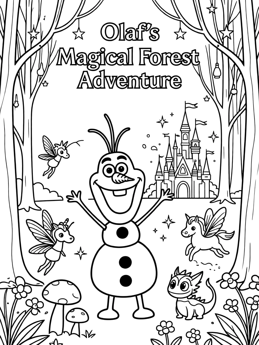 A fantasy background of Olaf in a magical forest or castle, with sparkles and mystical creatures.