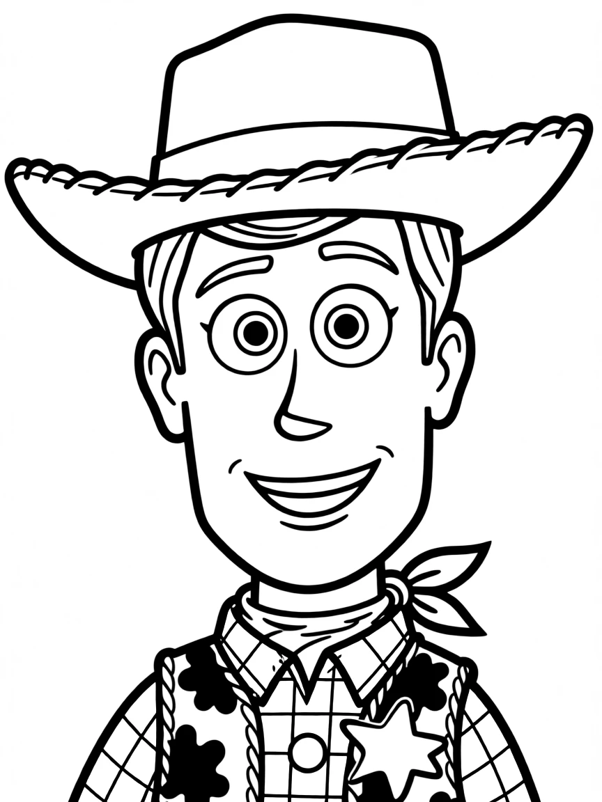A close-up of Woody's face in bold lines with expressive eyes and detailed costume elements.