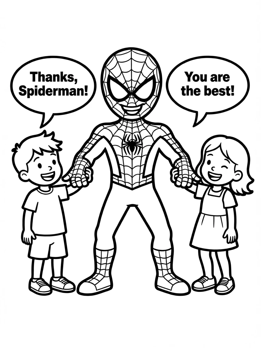 A cartoon-style drawing of Spiderman helping friends, with speech bubbles and cheerful faces.