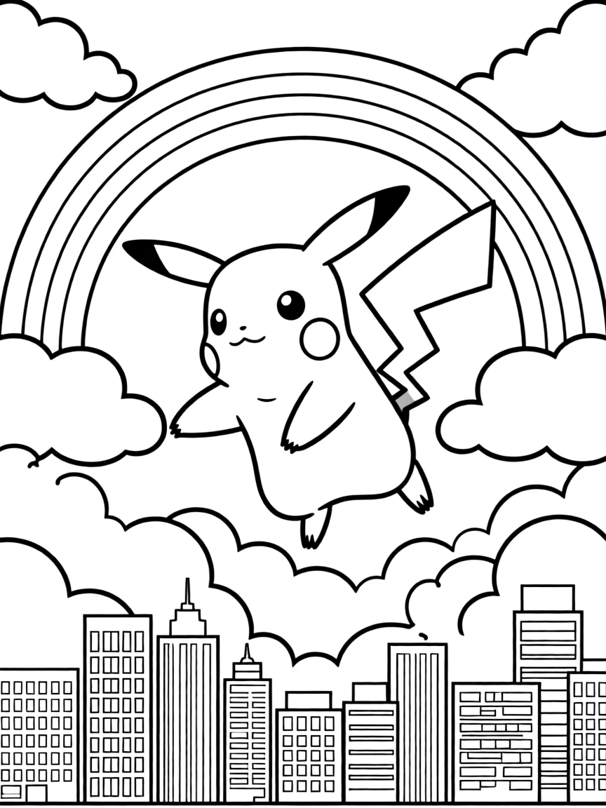Pikachu flying through the clouds with a rainbow behind and city skyline below.