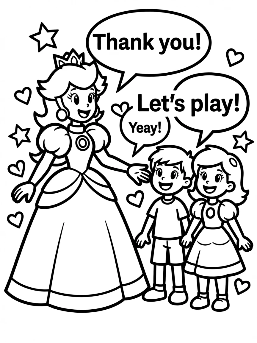 A cartoon-style drawing of Princess Peach helping friends, with speech bubbles and cheerful faces.