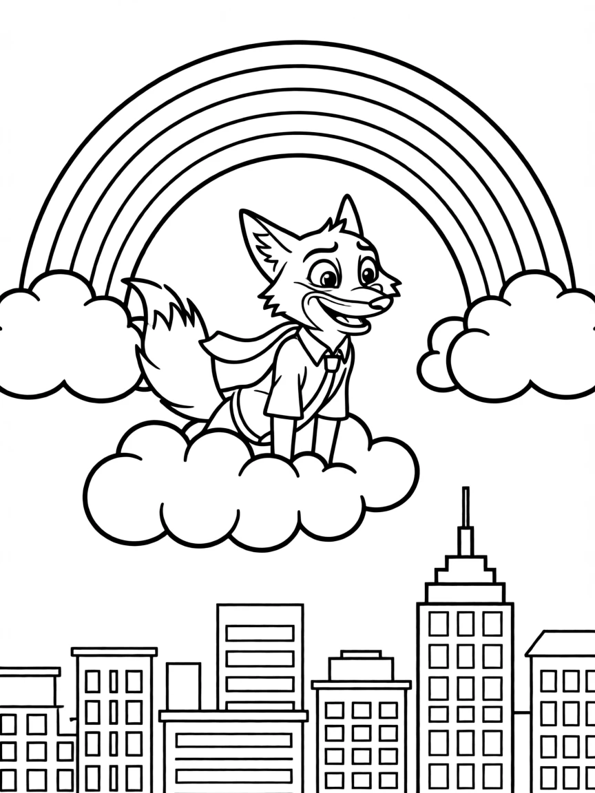 Nick Wilde flying through the clouds with a rainbow behind and city skyline below.
