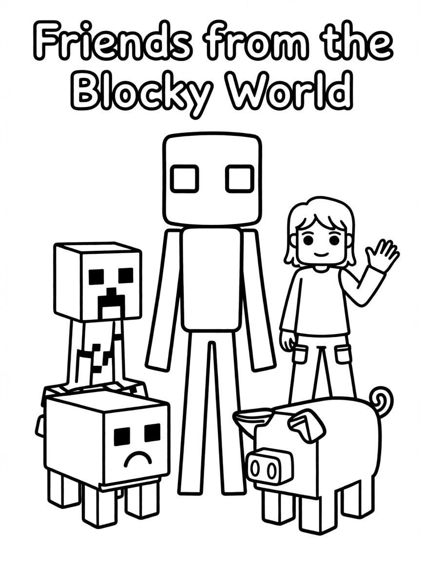 A group coloring page featuring Enderman with other characters from the same show or movie.