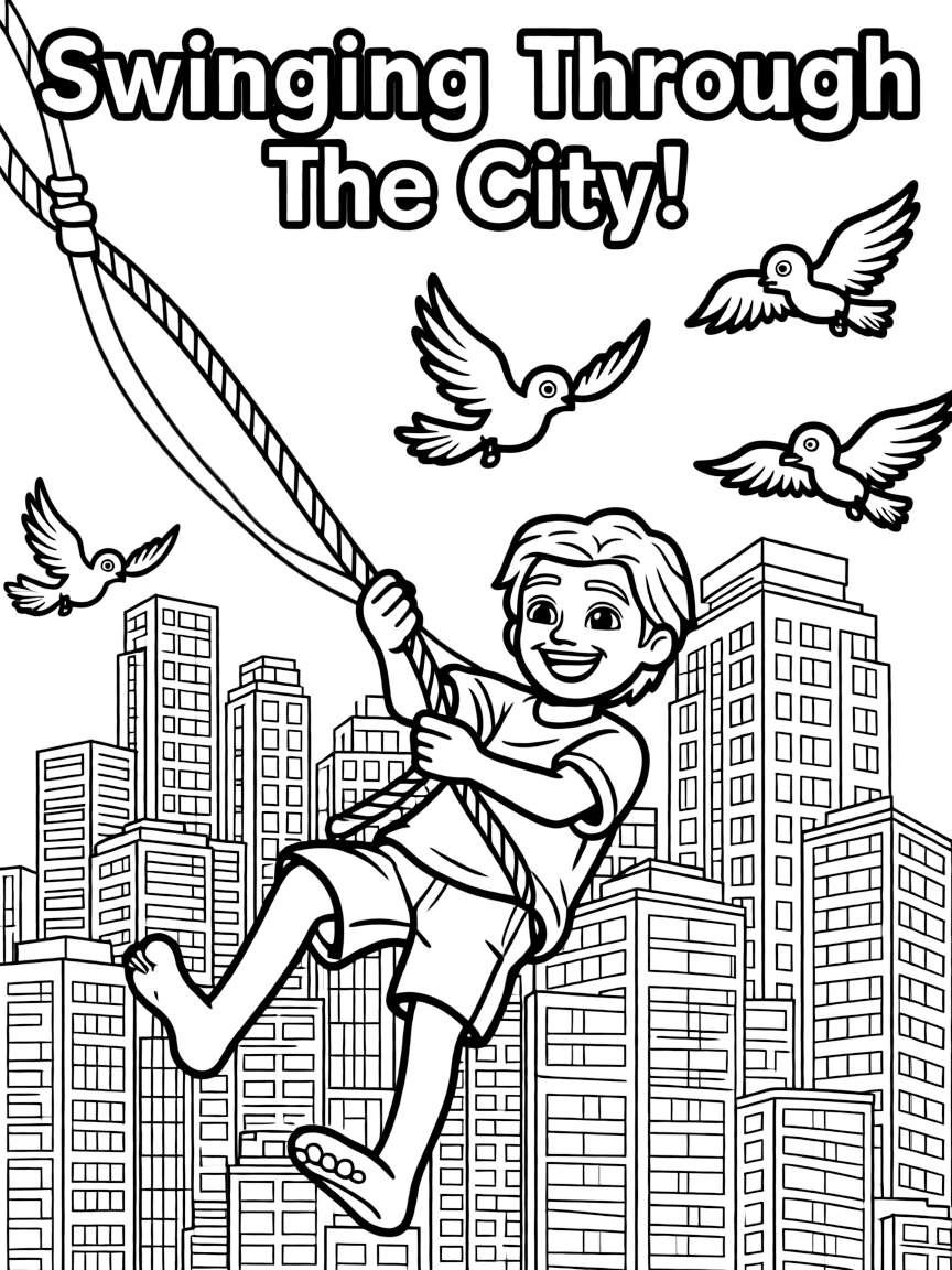 A fun and detailed coloring page of Maui swinging through a city full of tall buildings and birds.