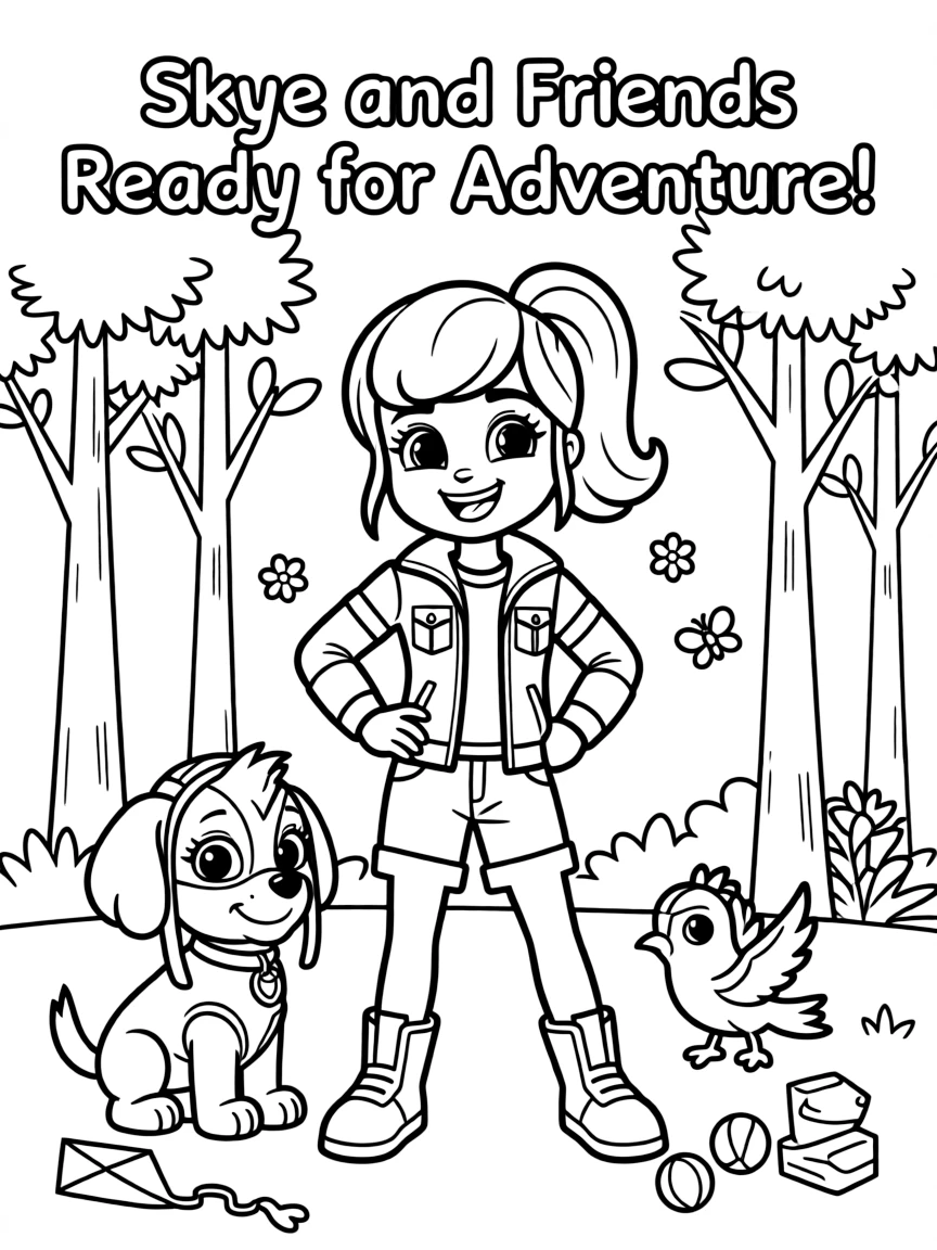 Skye smiling and posing with their sidekicks, surrounded by trees, toys, or fun backgrounds.