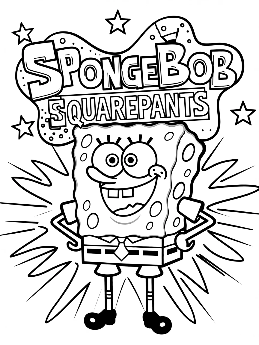 SpongeBob SquarePants standing proudly in front of their iconic logo with stars and comic-style effects around.