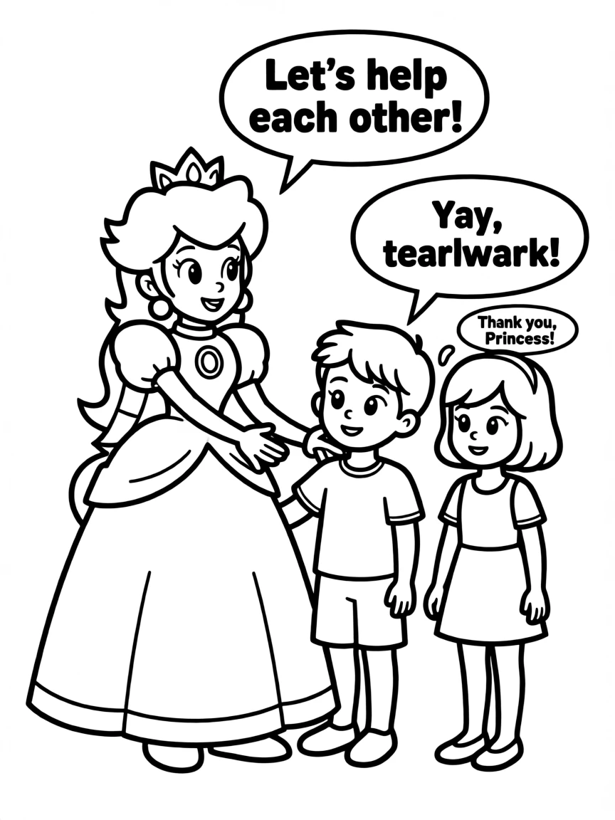 A cartoon-style drawing of Princess Peach helping friends, with speech bubbles and cheerful faces.