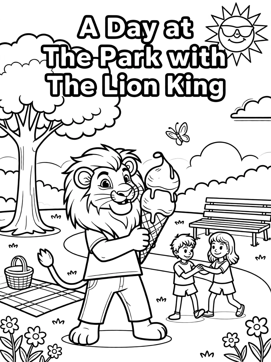 The Lion King enjoying a day off, eating ice cream or playing with friends in a park setting.