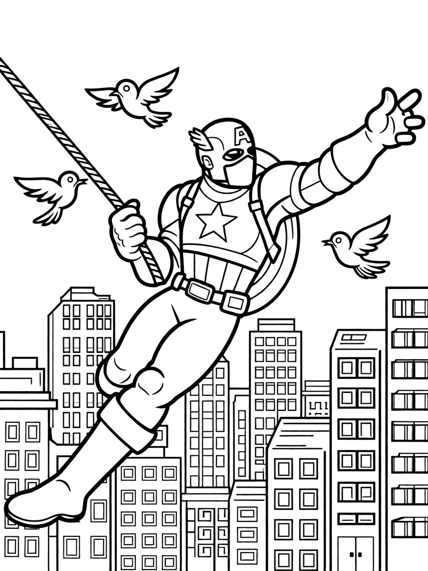 A fun and detailed coloring page of Captain America swinging through a city full of tall buildings and birds.