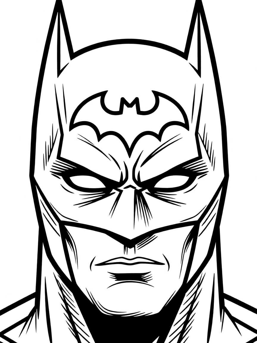 A close-up of Batman's face in bold lines with expressive eyes and detailed costume elements.