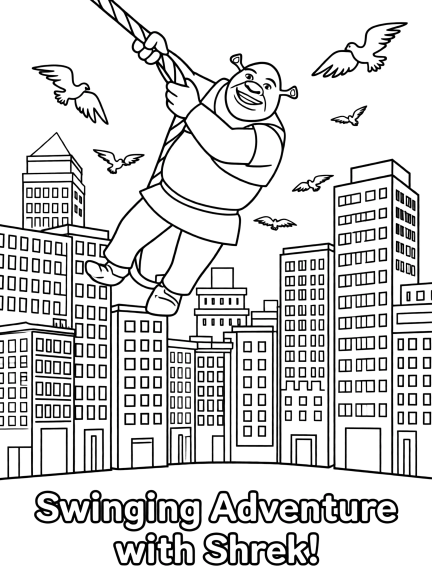 A fun and detailed coloring page of Shrek swinging through a city full of tall buildings and birds.