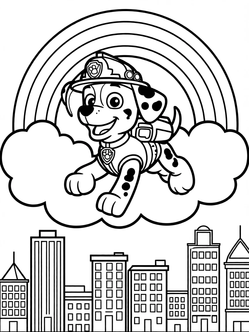 Marshall flying through the clouds with a rainbow behind and city skyline below.