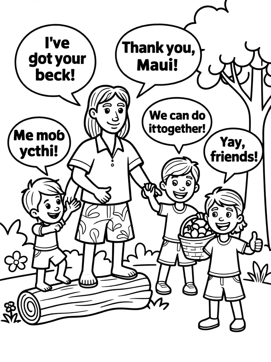 A cartoon-style drawing of Maui helping friends, with speech bubbles and cheerful faces.