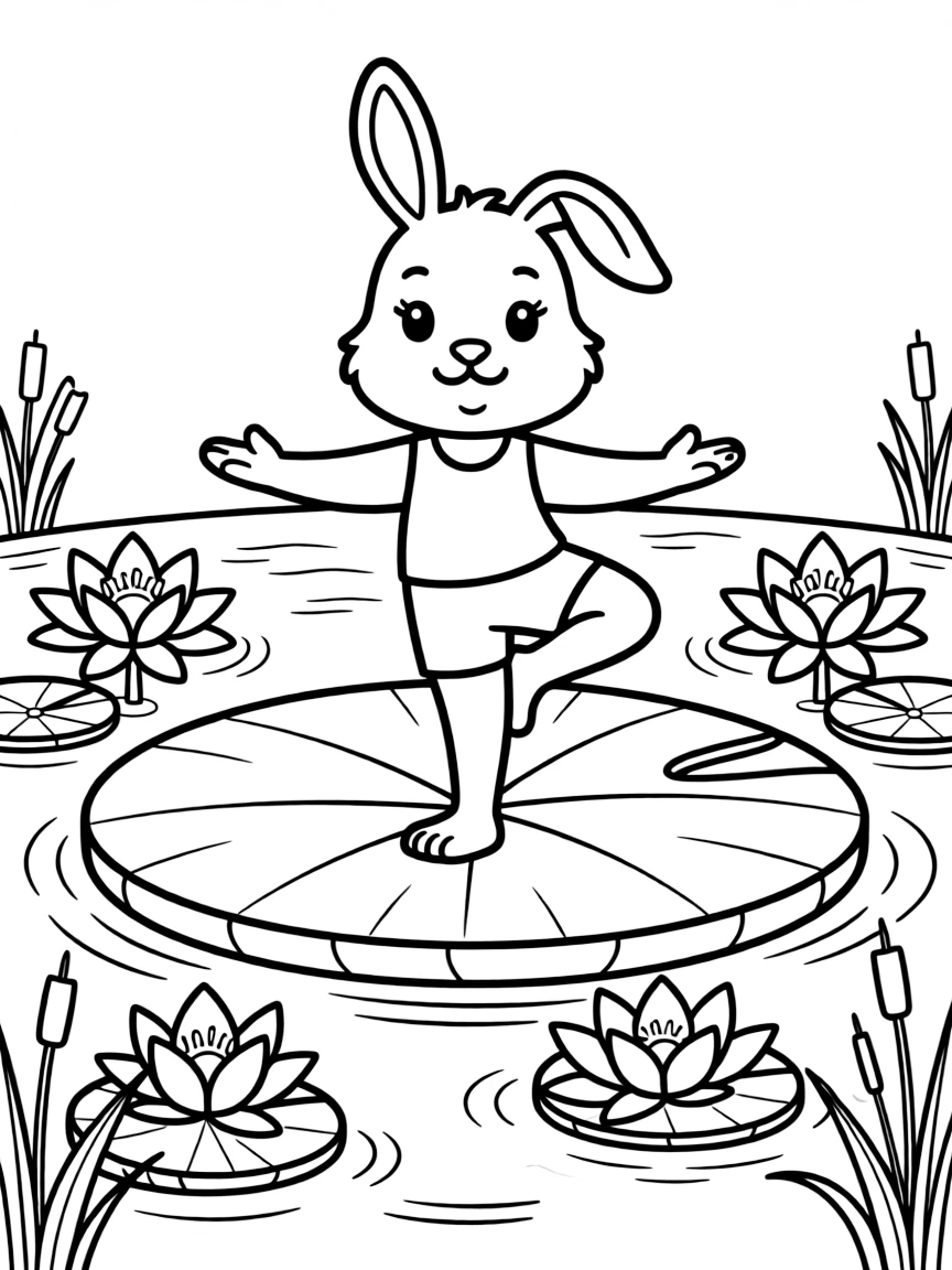 A bunny doing yoga poses on a lily pad in a spring pond