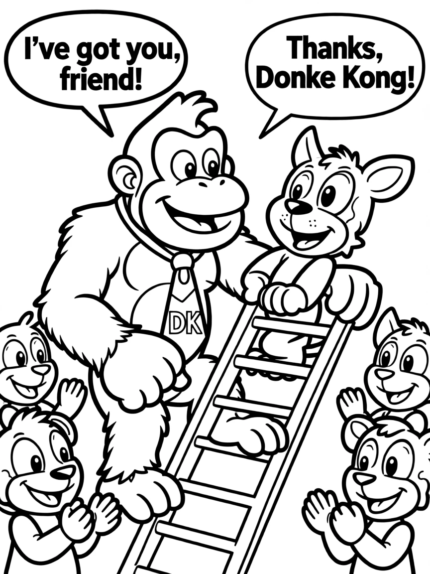 A cartoon-style drawing of Donkey Kong helping friends, with speech bubbles and cheerful faces.
