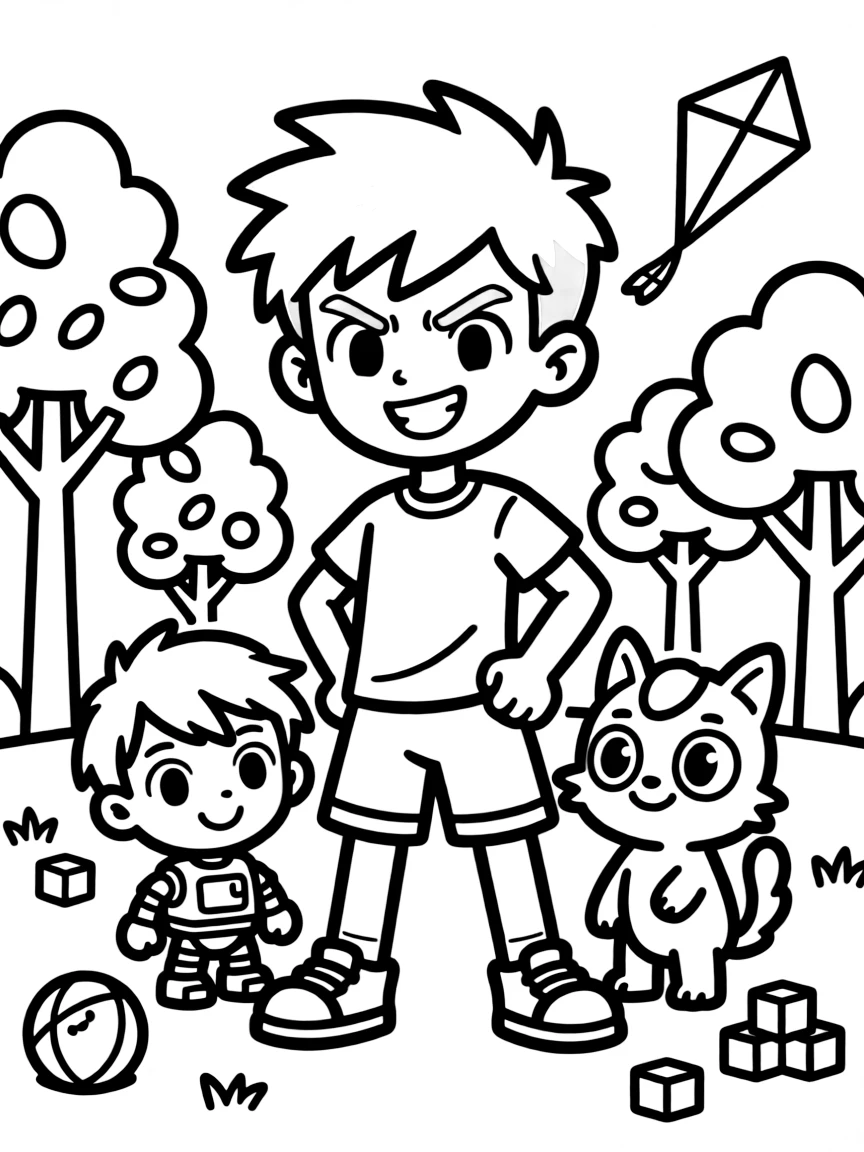 Anger smiling and posing with their sidekicks, surrounded by trees, toys, or fun backgrounds.