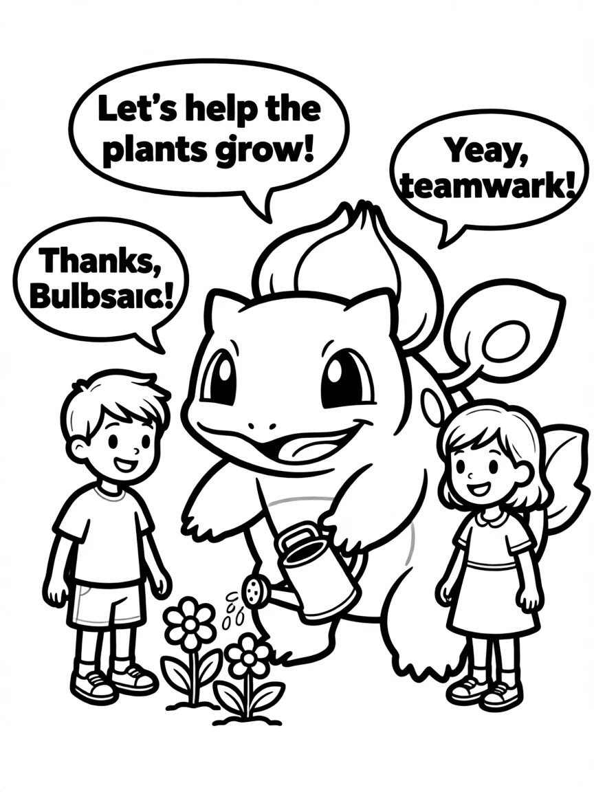 A cartoon-style drawing of Bulbasaur helping friends, with speech bubbles and cheerful faces.