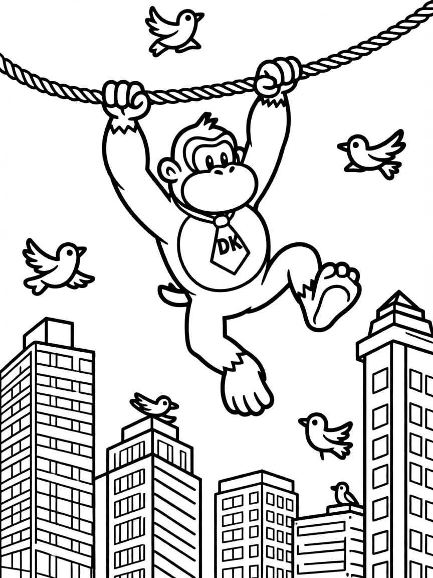 A fun and detailed coloring page of Donkey Kong swinging through a city full of tall buildings and birds.