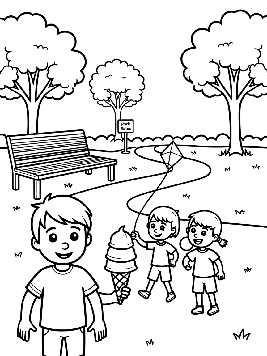 Miguel enjoying a day off, eating ice cream or playing with friends in a park setting.