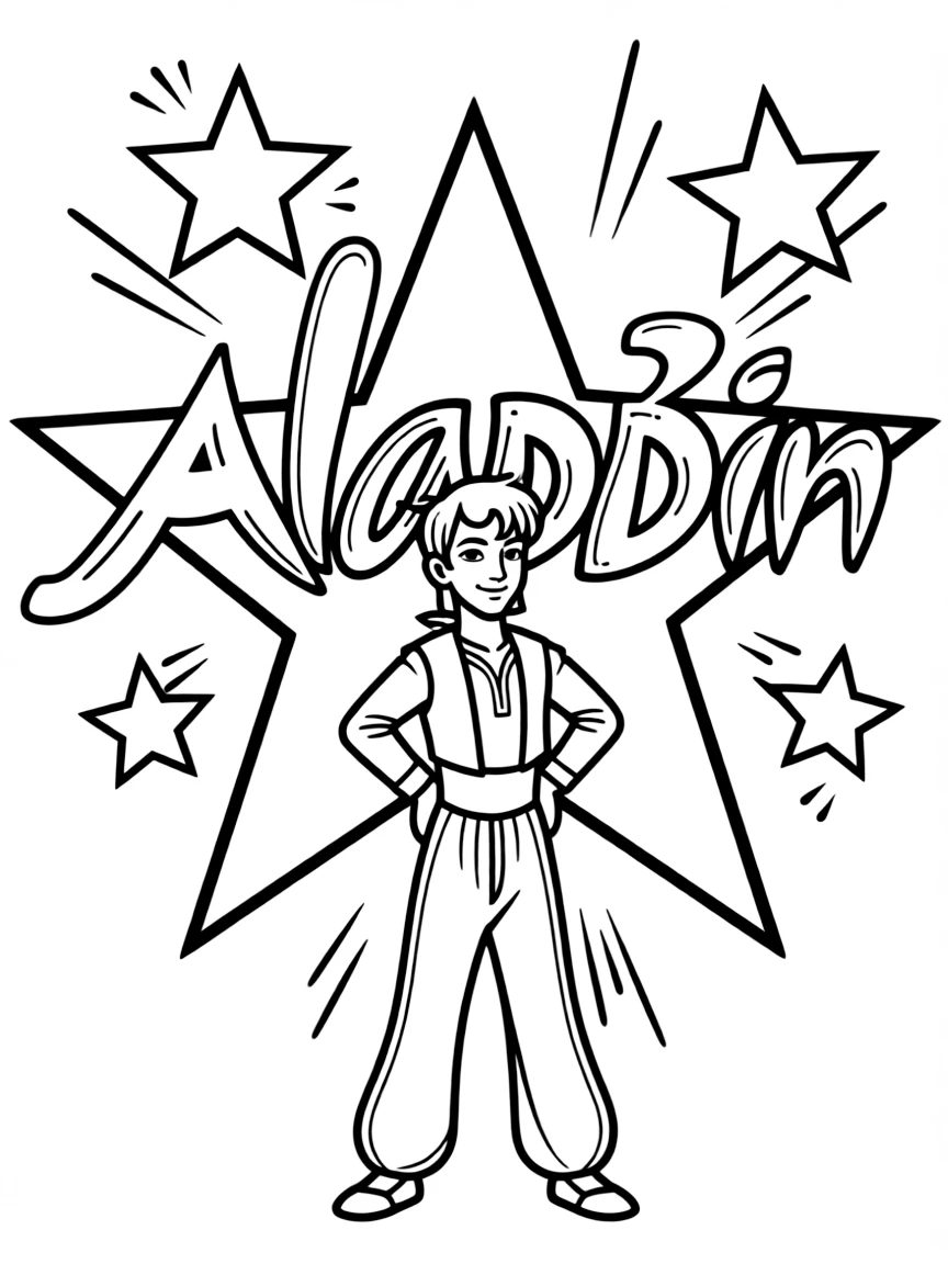 Aladdin standing proudly in front of their iconic logo with stars and comic-style effects around.