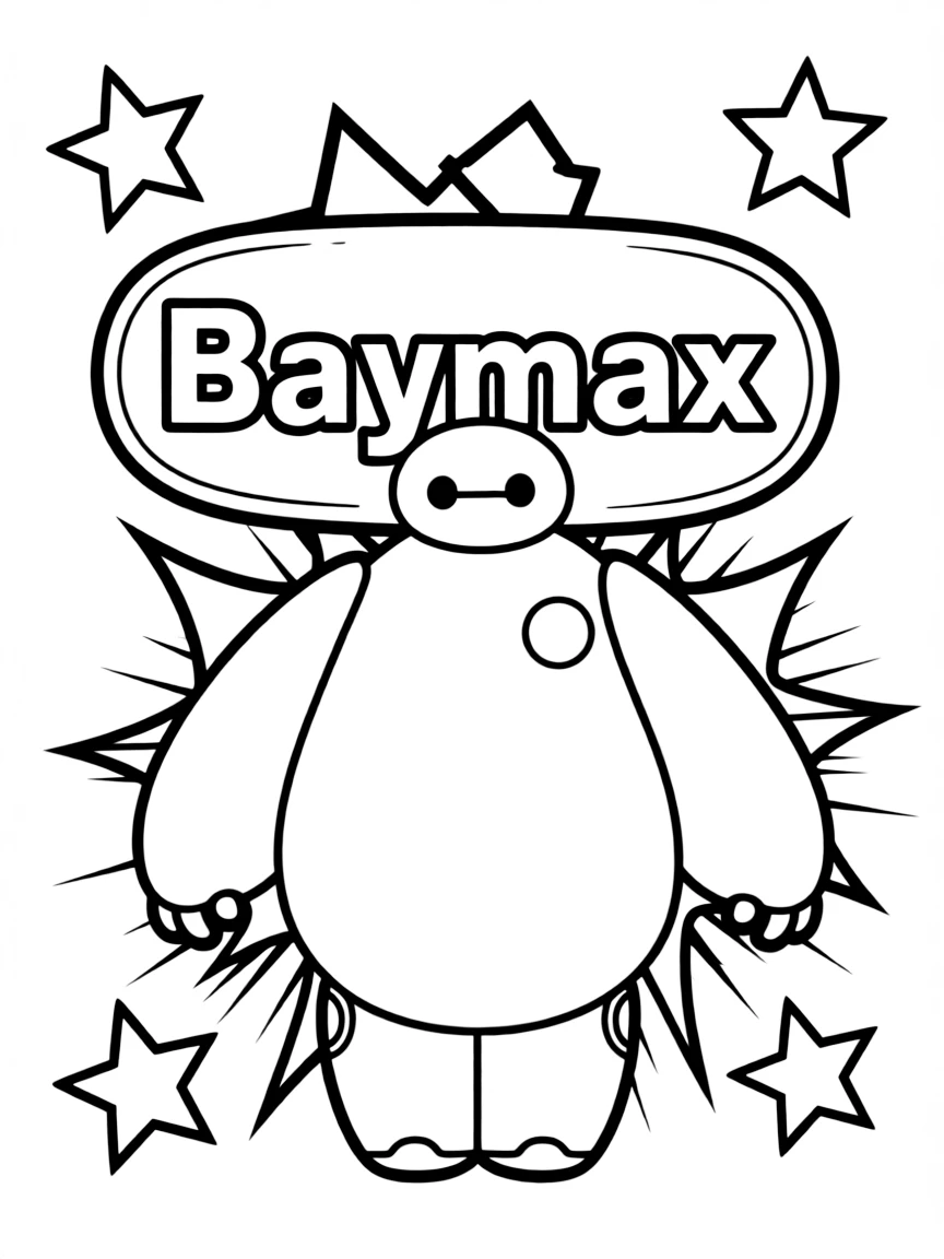 Baymax standing proudly in front of their iconic logo with stars and comic-style effects around.