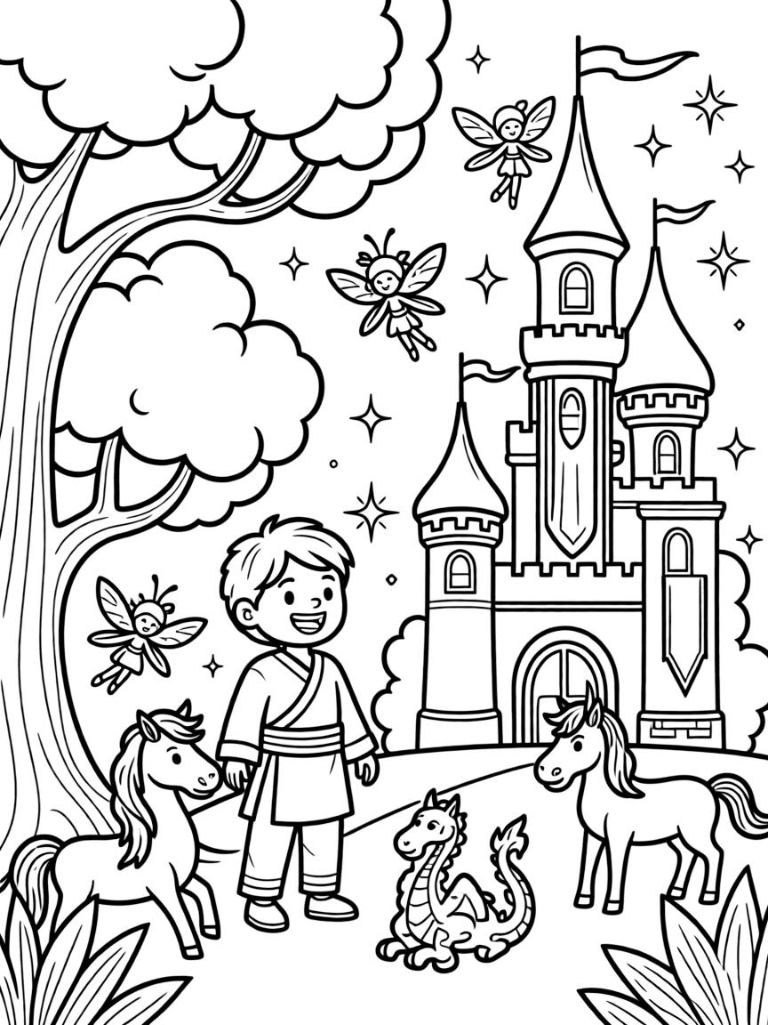 A fantasy background of Po in a magical forest or castle, with sparkles and mystical creatures.