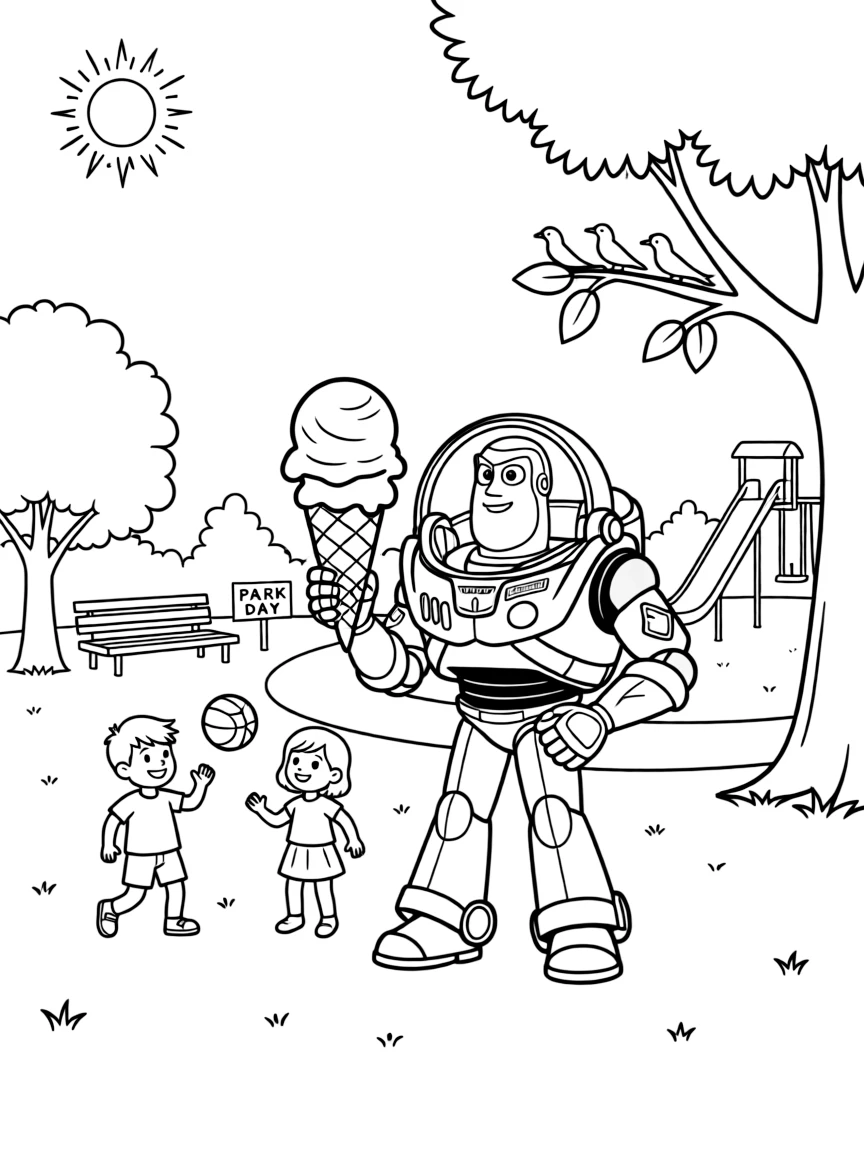 Buzz Lightyear enjoying a day off, eating ice cream or playing with friends in a park setting.